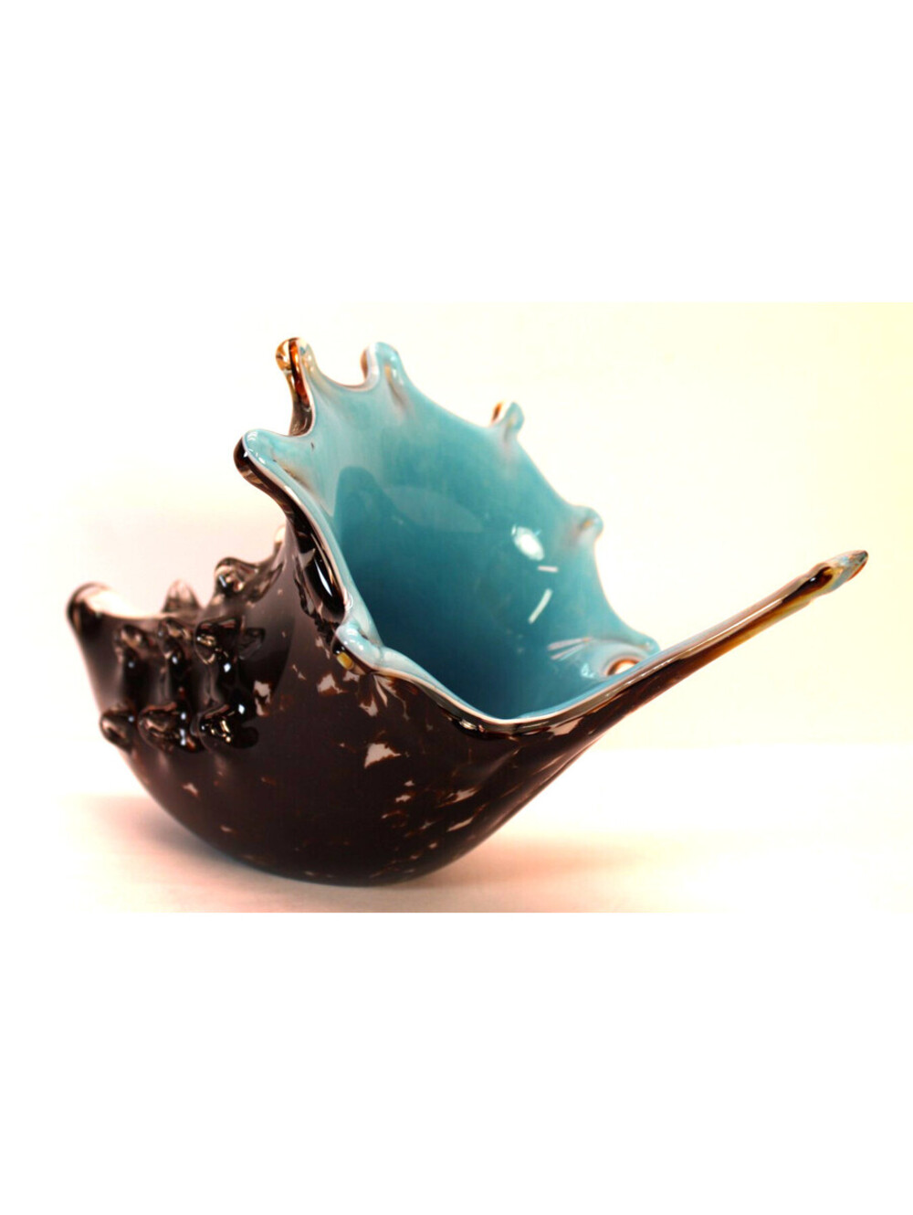 Vtg Murano Blown Glass Art Conch Shell Brown Speckle w/Blue Nautical MCM MINT